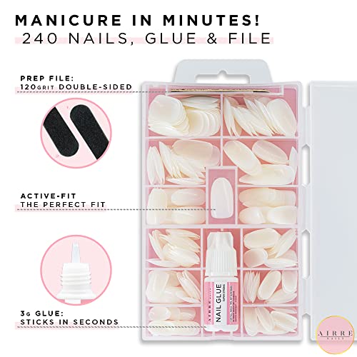 AIRRE 240pcs Medium Oval False Nails with Strong Glue - For UV/LED Gel, Polish & Nail Art. Natural Opaque Nail Kit (10 Sizes). DIY Manicure Nails