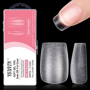 Yueshop Soft Gel Full Cover Short Square Nail Tips -240PCS Gelly Gel Matte Full Cover Clear Break Resistant Nail Tips Kit 15 Sizes for DIY Manicu
