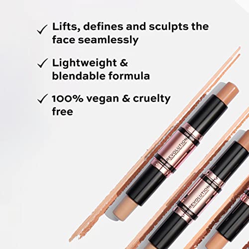 Makeup Revolution Contour Stick Duo Cream Contour & Highlight, Defines Cheekbones & Sculpts the Face, Vegan & Cruelty-Free, Medium, 2.4g