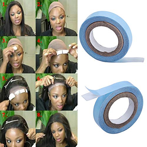 2PCS Lace Front Wig Support Tape, Hair Extension salon Blue Tape Double Sided Adhesive Roll Sticky Tape(0.8cm*3yard)