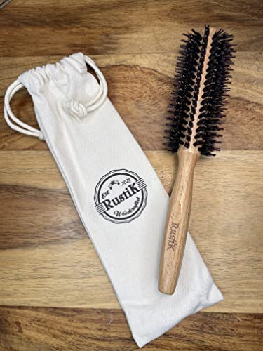 Round Hair Brush and Cotton Travel Bag by RustiK, Stiff Nylon and Boar Bristles, Eco Friendly, Curl Enhancing, Blow Drying, Styling, Adding Volum