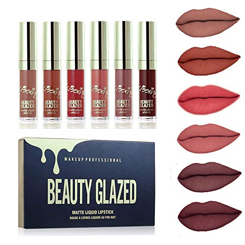 Beauty Glazed NEW Matte Liquid Lipstick Set Light to Deep Red Colors Waterproof Long Lasting Non-Stick Cup Lip Gloss Intense pigments, Cruelty Fr