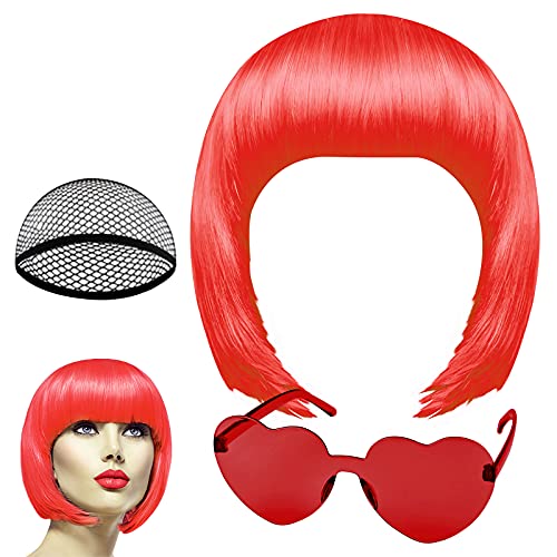 PLULON Peach Pink Bob Wig and Sunglass Set, Neon Short Bob Wig Sunglass Pack Costume Colorful Cosplay Wig Hairpieces for Bachelorette Neon Party