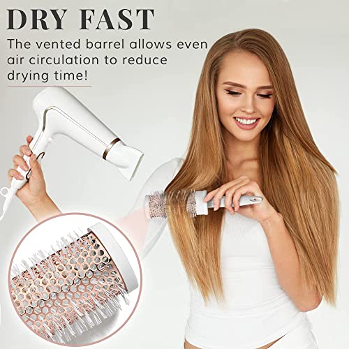 Round Brush Set for Women - Round Barrel Hair Brushes and Tail Comb for Blow Drying - Blow Dry Hairbrush For Women - White & Rose Gold by Lily En