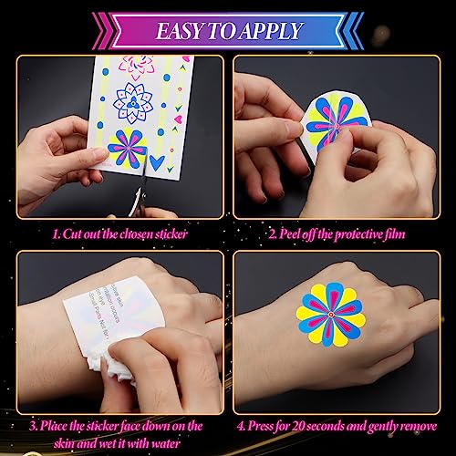 Scettar 15 Sheets Neon Temporary Tattoo, 200+UV Blacklight Neon Glow Fake Tattoos Multiple Designs Glow in the Dark Neon Tattoos Rave Festival Ac