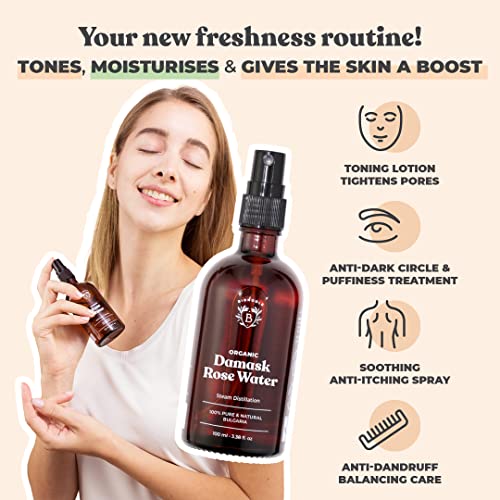 Bionoble Organic Rose Water 100ml - 100% Pure and Natural Damask Rose Hydrolat - Face, Eye Contour, Body, Hair - Glass Bottle + Spray