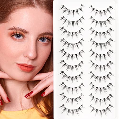 EMEDA 10 Pair Manga Lashes 5 Styles Mixed Anime Lashes 100% Handmade Transparent Band Manga Eyelashes Natural Look Spiky Manga Lashes Wispy Hybri