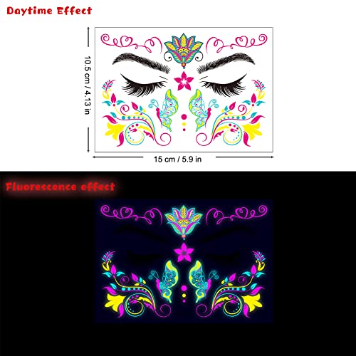 Kelamayi Neon Face Temporary Tattoo,8 Sheet Glow in the Dark UV Neon Face Tattoo Flash Fake Butterflies Waterproof Tattoos Stickers for Festival