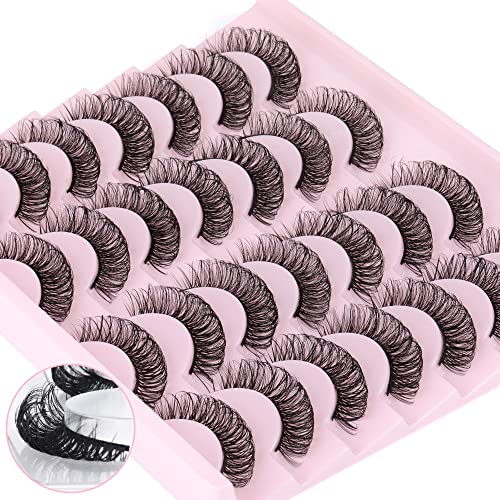 Newcally Russian Strip Lashes D Curl Wispy Fluffy False Eyelashes Natural Thick Volume Faux Mink Eye Lashes Reusable Handmade Like Fake Lashes Ex
