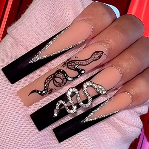 JUSTOTRY 24 Pcs Diamante Fake Nails Long, Nude French Press on Nails Patterns, Ballerina Stick on Nails for Women, Acrylic Medium Coffin False Na