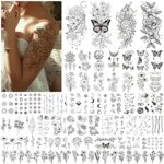 Acevegue 61 Sheets Temporary Tattoos, Gifts for Women Girls - Black Flowers Wild Plant Butterfly Fake Tattoos for adults, Semi Permanent Transfer