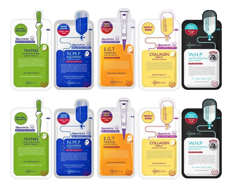Mediheal Sheet Mask Bundle N.M.F Aquaring Ampoule + Collagen Impact + Teatree Care + E.G.T Timetox Ampoule EX + W.H.P White Hydrating Black EX, 2