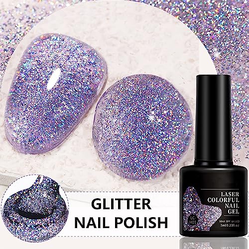 Glitter Gel Nail Polish - GLitter Holographic Gel Polish - Shiny Light Purple Nail Polish Soak Off UV Nail Gel Sparkly Spring Summer Gel Nail Art