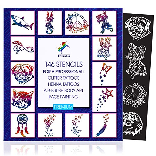 INGALA PREMIUM Stencils Set - 146 Unique Artistic Glitter Tattoo Stencils for Kids, Teens and Adults. Can be used as Henna Tattoo Stencils, Airbr
