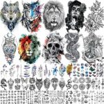 EGMBGM 53 Sheets Large Realistic Tiger Dragon Lion Owl Temporary Tattoos For Women Thigh Men Arm Adult, Half Sleeve Halloween Skull Fake Tattoo S
