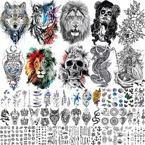 EGMBGM 53 Sheets Large Realistic Tiger Dragon Lion Owl Temporary Tattoos For Women Thigh Men Arm Adult, Half Sleeve Halloween Skull Fake Tattoo S