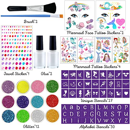 Lubibi Glitter Tattoo Kit, Mermaid Temporary Tattoo For Kids, 6 Tattoo Stickers,12 Colors Glitter,57 Unique Stencils,1 Jewel Sticker, Skin-Friend