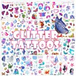Konsait Glitter Temporary Tattoo for Girls, 24 Sheets Butterfly Mermaid Fairy Flowers Tattoo Stickers for Kids, Waterproof Fake Tattoos for Birth