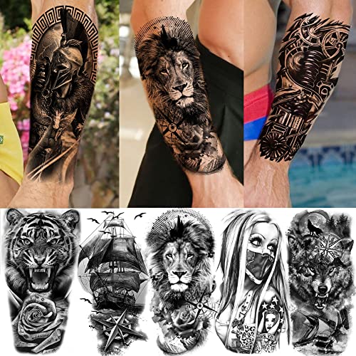 Bilizar 63 Sheets Tribal Wolf Lion Tiger Temporary Tattoos For Men Women Adults, Scary Halloween Skull Gangster Fake Tattoo Stickers Kids, Small