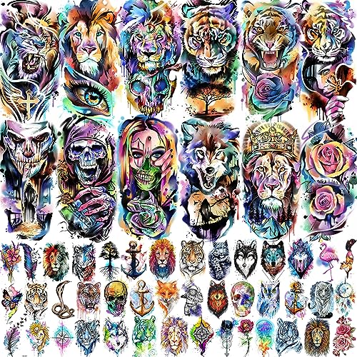 LAROI 55 Sheets Watercolor Temporary Tattoos For Women Men Arm Adults Kids, Waterproof Realistic Temp Water Transfer Tattoo Stickers, Animals Tig