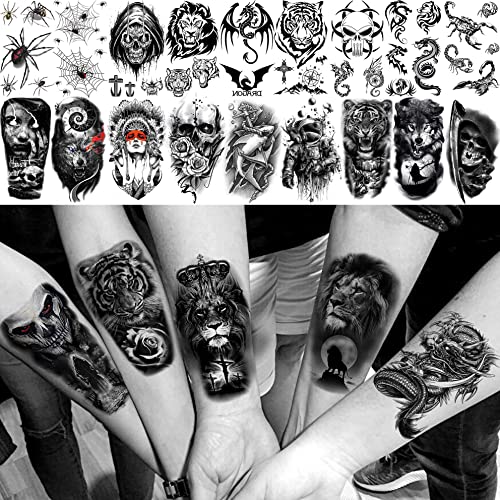 Bilizar 63 Sheets Tribal Wolf Lion Tiger Temporary Tattoos For Men Women Adults, Scary Halloween Skull Gangster Fake Tattoo Stickers Kids, Small