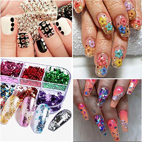 Kalolary Butterfly Nail Sequins,Nail Dried Flowers, Shiny Foil Nail Shavings, Nail Art Rhinestone with Tweezers Nail Art Rhinestone Picker Pencil