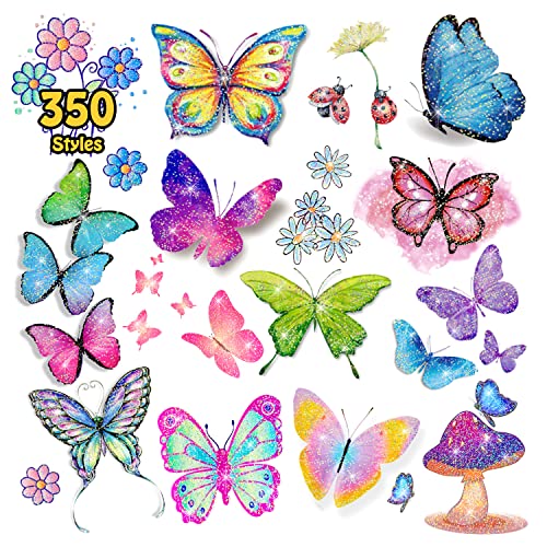 Leesgel 130 Styles Butterfly Glitter Tattoos for Kids, Butterfly Stickers, Temporary Tattoos for Girls Party Bag Fillers Birthday Decorations Fan