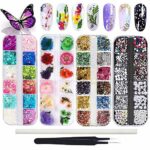 Kalolary Butterfly Nail Sequins,Nail Dried Flowers, Shiny Foil Nail Shavings, Nail Art Rhinestone with Tweezers Nail Art Rhinestone Picker Pencil