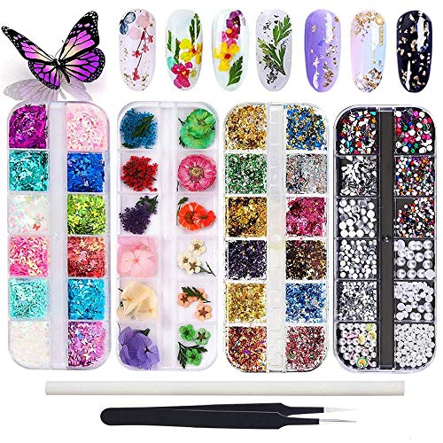 Kalolary Butterfly Nail Sequins,Nail Dried Flowers, Shiny Foil Nail Shavings, Nail Art Rhinestone with Tweezers Nail Art Rhinestone Picker Pencil
