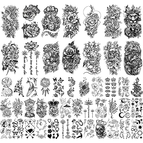 Metuu 49 Sheets Black Half Sleeve Waterproof Temporary Tattoo for Adult Men and Women, 3D Flower Animal Fake Tattoo Stickers for Teen Girls Body