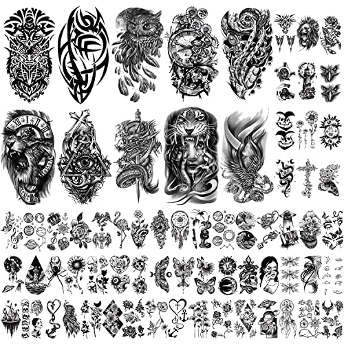 Metuu 46 Sheets Full Arm Waterproof Temporary Tattoos For Men(L22.8“xW7”), Tiger Clock Flower Skeleton Animals Fake Tattoos For Adult Men and Wom