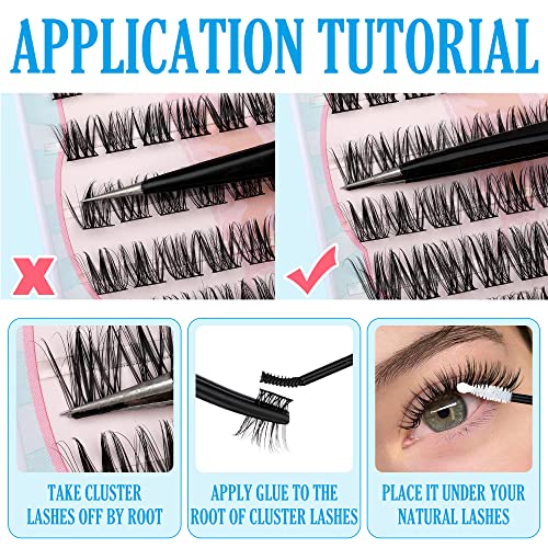Lash Clusters DIY Eyelash Extension Kit with Bond Seal Tweezers Individual Lashes Kit 10-12-14MM Mixed Length D Curl Wispy 72Pcs Clusters Lashes