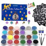 Glitter Tattoos Kit,Temporary Tattoo Set-24 Colors Glitter,135 Unique Stencil Body Nail Glitter Art Paint Birthday Party Gift for Girls Kids Teen