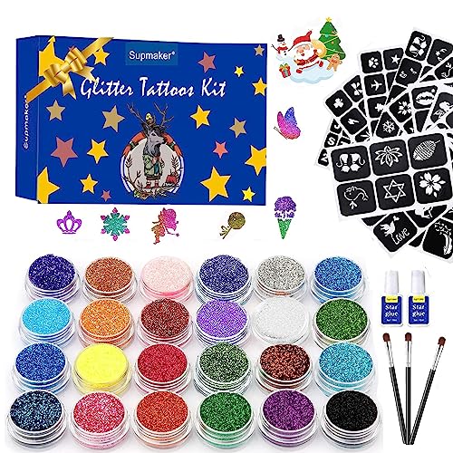 Glitter Tattoos Kit,Temporary Tattoo Set-24 Colors Glitter,135 Unique Stencil Body Nail Glitter Art Paint Birthday Party Gift for Girls Kids Teen