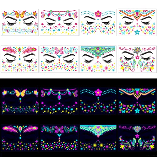 Kelamayi Neon Face Temporary Tattoo,8 Sheet Glow in the Dark UV Neon Face Tattoo Flash Fake Butterflies Waterproof Tattoos Stickers for Festival