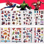 8 Sheets Marvel Avengers Tattoo Stickers, 120+ Superhero Patterns Temporary Fake Face Body Tattoo Stickers for Spider Man Iron Man Hulk Captain A