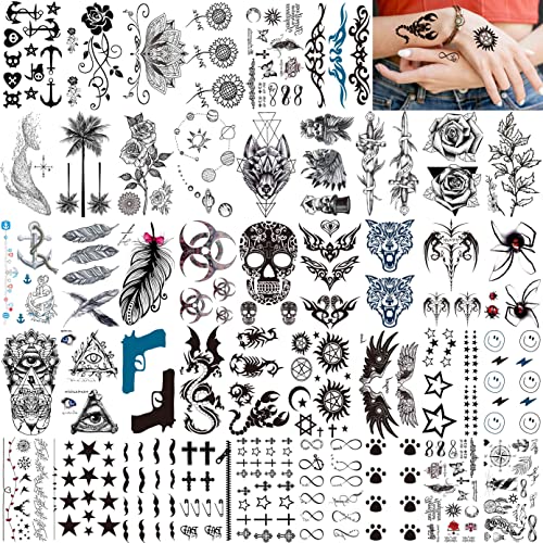 LAROI 50 Sheets Animals Black Temporary Tattoos For Men Adults Tribal Ealge Dragon Fake Small Temporary Tattoos For Women Neck Arm Thigh Flower T