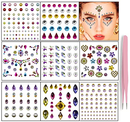 Face Gems-Face Jewels, 8 Sheets Eye Body Face Gems Jewels Rhinestones Stickers, Self-Adhesive Gems for Crafts, Stick on Gems for Body Art Eye Nai