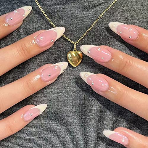 JUSTOTRY 24 Pcs Pale Orange Heart Short False Nails Stiletto,Beige French Press on Nails Pattern,Fake Nails Short with Nail Glue,Almond Medium St