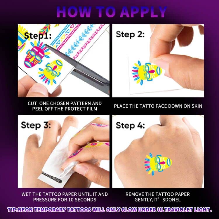 Neon Temporary Tattoo - 120+ Assorted Designs Glow in the Dark Neon Temporary Tattoo, UV Blacklight Neon Glow Fake Tattoos Rave Festival Accessor