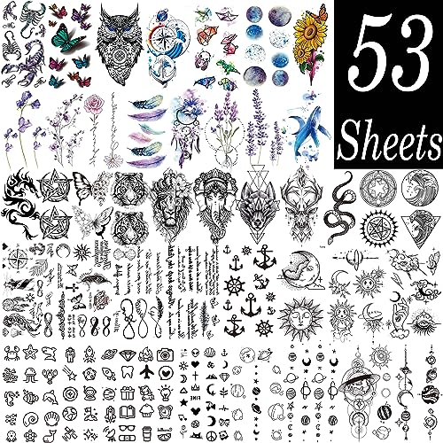 EGMBGM 53 Sheets Large Realistic Tiger Dragon Lion Owl Temporary Tattoos For Women Thigh Men Arm Adult, Half Sleeve Halloween Skull Fake Tattoo S
