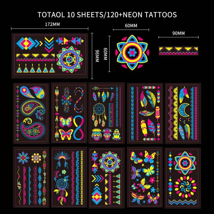 Neon Temporary Tattoo - 120+ Assorted Designs Glow in the Dark Neon Temporary Tattoo, UV Blacklight Neon Glow Fake Tattoos Rave Festival Accessor