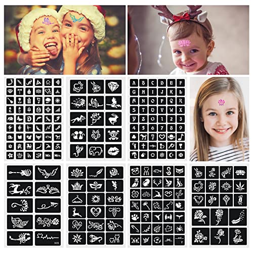 Glitter Tattoos for Kids, Girls Temporary Glitter Tattoo Kit, 41 Colours Glitter 215 Rhinestones 204 Stencils 3 Glue 5 Brushes Waterproof Tattoos