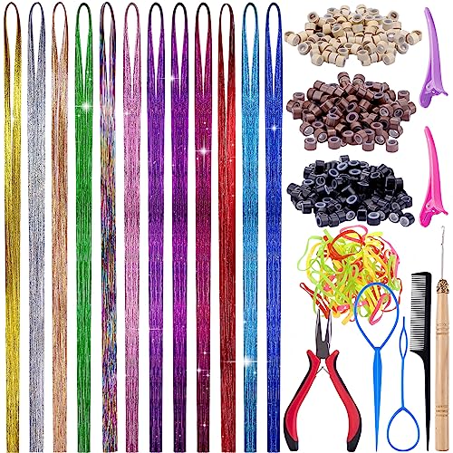 FEQO Hair Tinsel Kit with 3600 Strands Hair Tinsel 48 Inches 18 Colours Heat Resistant Sparkle Shiny Tinsel Hair Extensions Micro Beads Pulling L