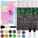MarckersHome Glitter Tattoos Kit, Temporary Tattoo For Kids, With Unicorn Mermaid Tattoo, 12 Colors Glitter, Unique Stencils, Great Birthday Part