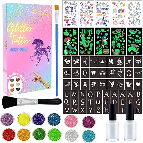 MarckersHome Glitter Tattoos Kit, Temporary Tattoo For Kids, With Unicorn Mermaid Tattoo, 12 Colors Glitter, Unique Stencils, Great Birthday Part