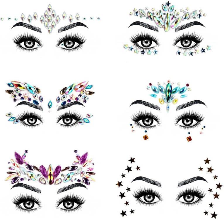 URAQT Face Gems Glitter, 6 Pcs Rhinestone Face Glitter, Crystals Face Stickers for Eyes, Self-Adhesive Body Temporary Tattoos for Party, Rave Fes