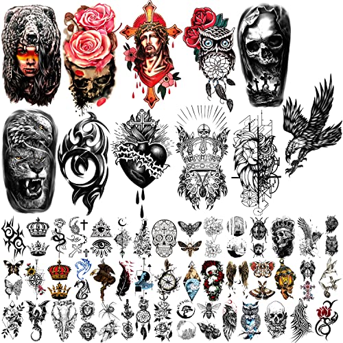 Metuu 46 Sheets Full Arm Waterproof Temporary Tattoos For Men(L22.8“xW7”), Tiger Clock Flower Skeleton Animals Fake Tattoos For Adult Men and Wom
