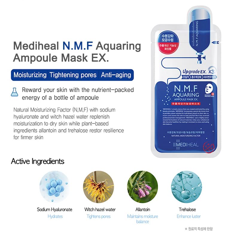 Mediheal Sheet Mask Bundle N.M.F Aquaring Ampoule + Collagen Impact + Teatree Care + E.G.T Timetox Ampoule EX + W.H.P White Hydrating Black EX, 2