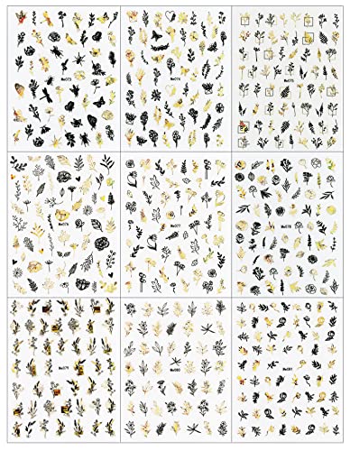 9 Sheets Black Gold Leaves Nail Art Stickers Decals Self-Adhesive Grass Leaves Butterfly Dragonfly Insect Design Manicure Tips Nail Decoration fo